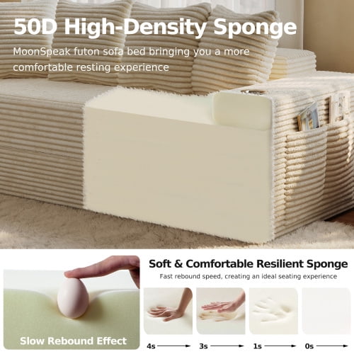 77-Inch Frameless Teddy Couch Bed, Boneless Corduroy Convertible Floor Sleeper Sofa with Cup Holders, Side Storage, 30D High-Density Foam, Cream
