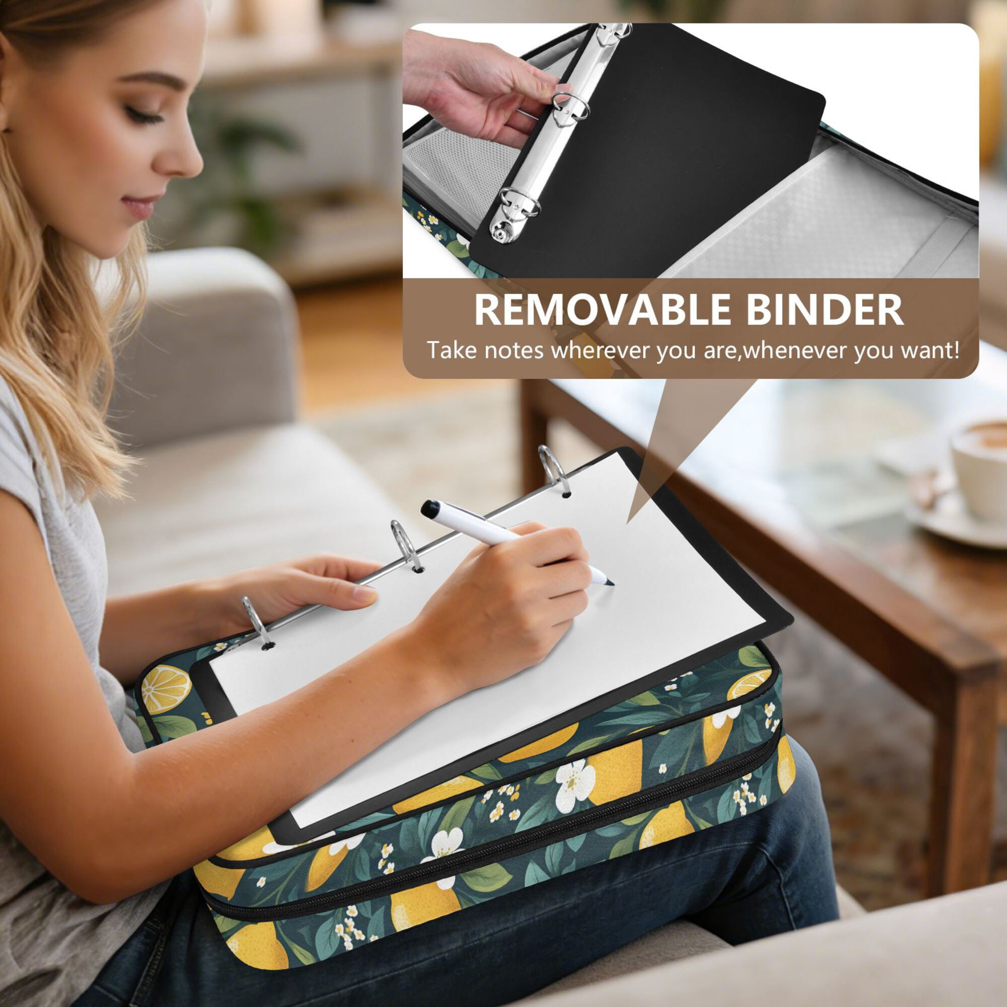 FORMRS Accordion File Folder A4 Size 7-Pocket Expanding Document Organizer Bag with 3 Ring Binder, Yellow Lemons