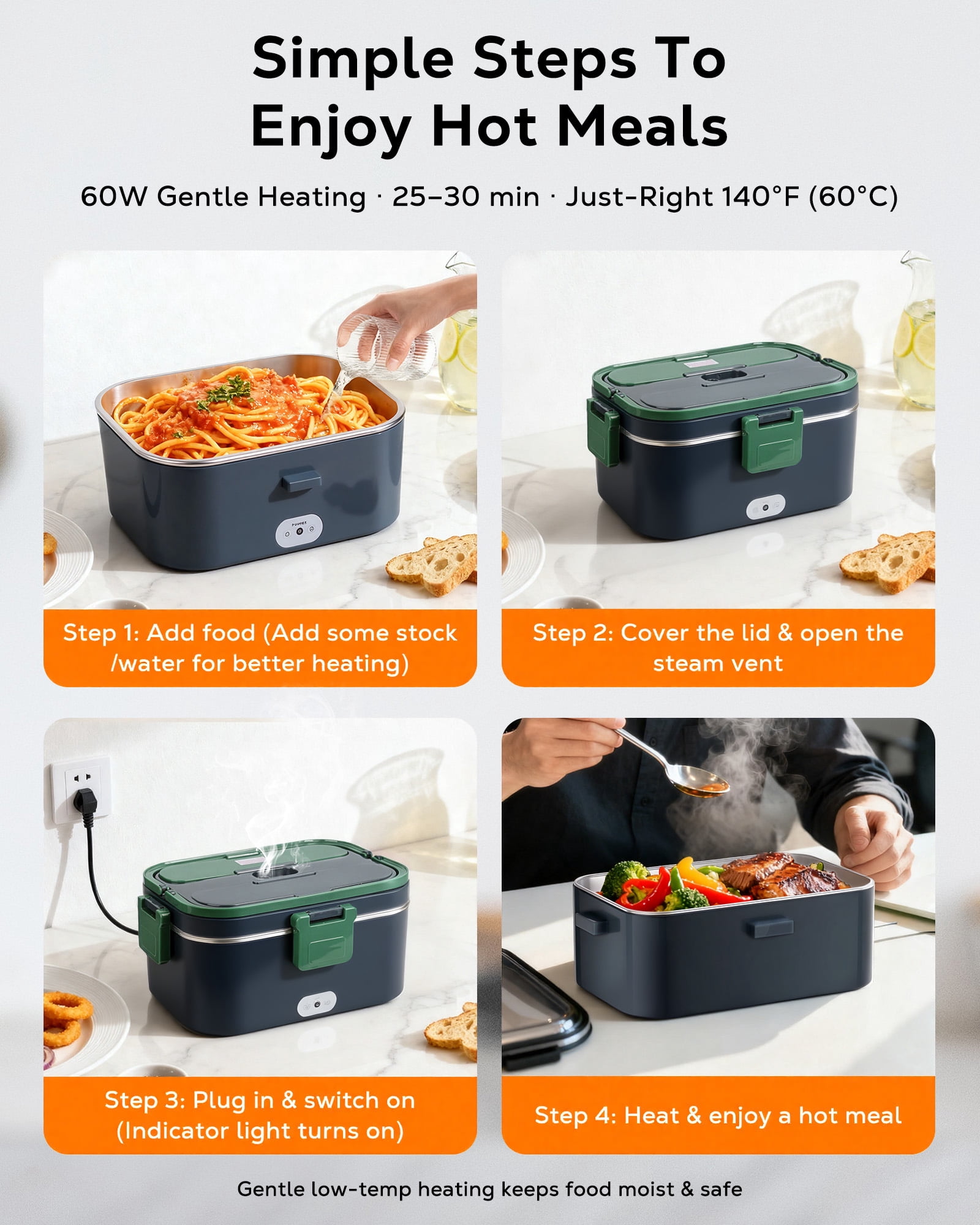 Riousery Electric Lunch Box 1.8L, 60W Portable Food Heater for Car/Truck and Home, Stainless Steel with Fruit Box, Gray Green