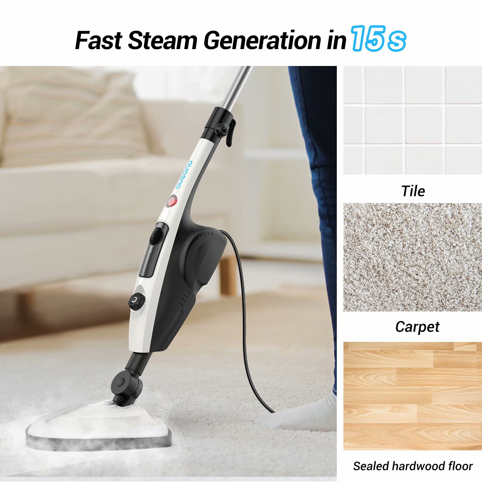 10 in 1 Multi Function Hot Steam Germ Killer Mop Floor Clever BACKSAVER Handle 