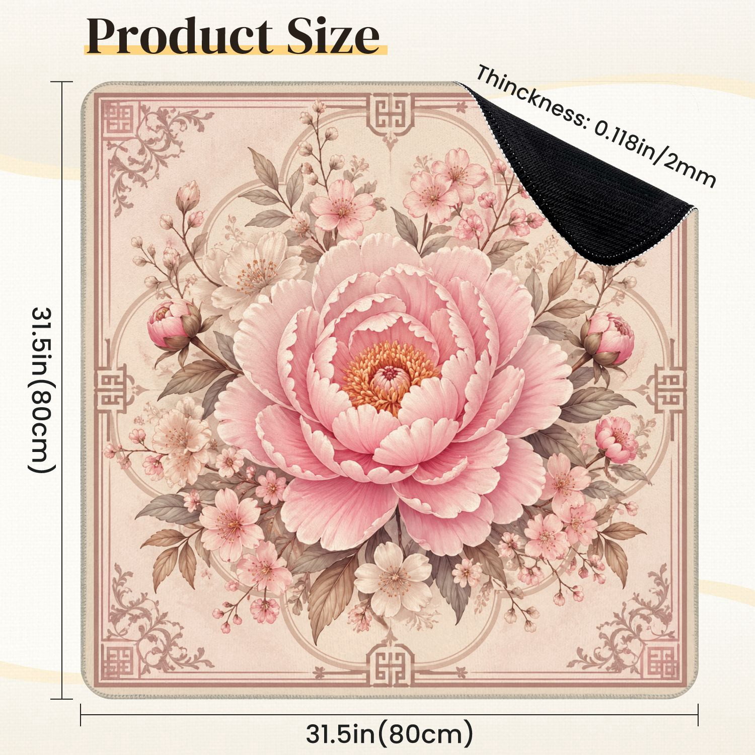 Mahjong Mat 31.5" x 31.5" Pink Peony Cherry Blossom Floral Vintage Elegant Non-Slip Noise Reduction Mahjong Tiles Table Cover for Dominoes Poker Card Board and Tile Games