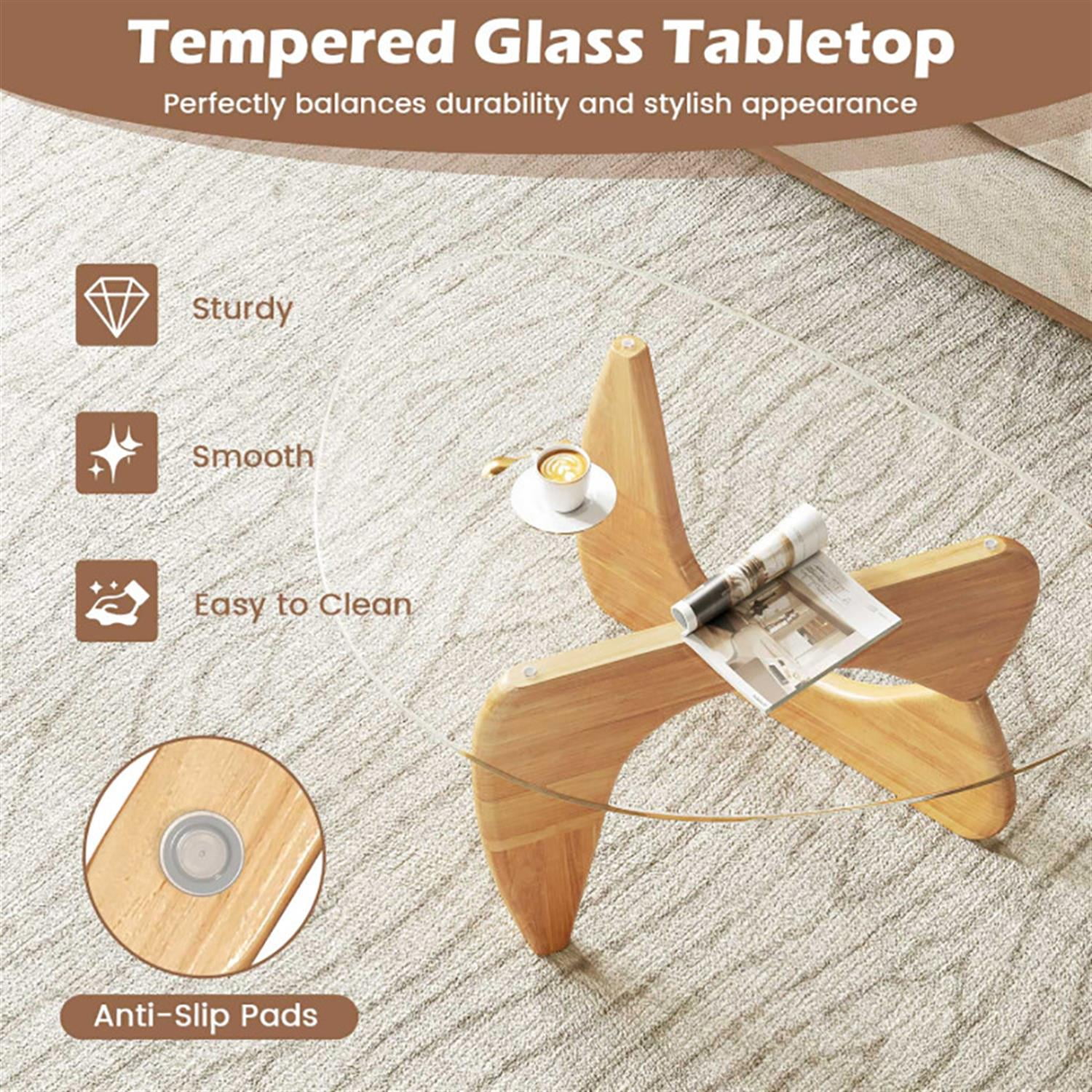 Demi Bonn Triangle Coffee Table, Dining Center Tables with Tempered Glass Top and Adjustable Rubber Wood Base for Living Room, Bedroom, Office and Balcony, Beige