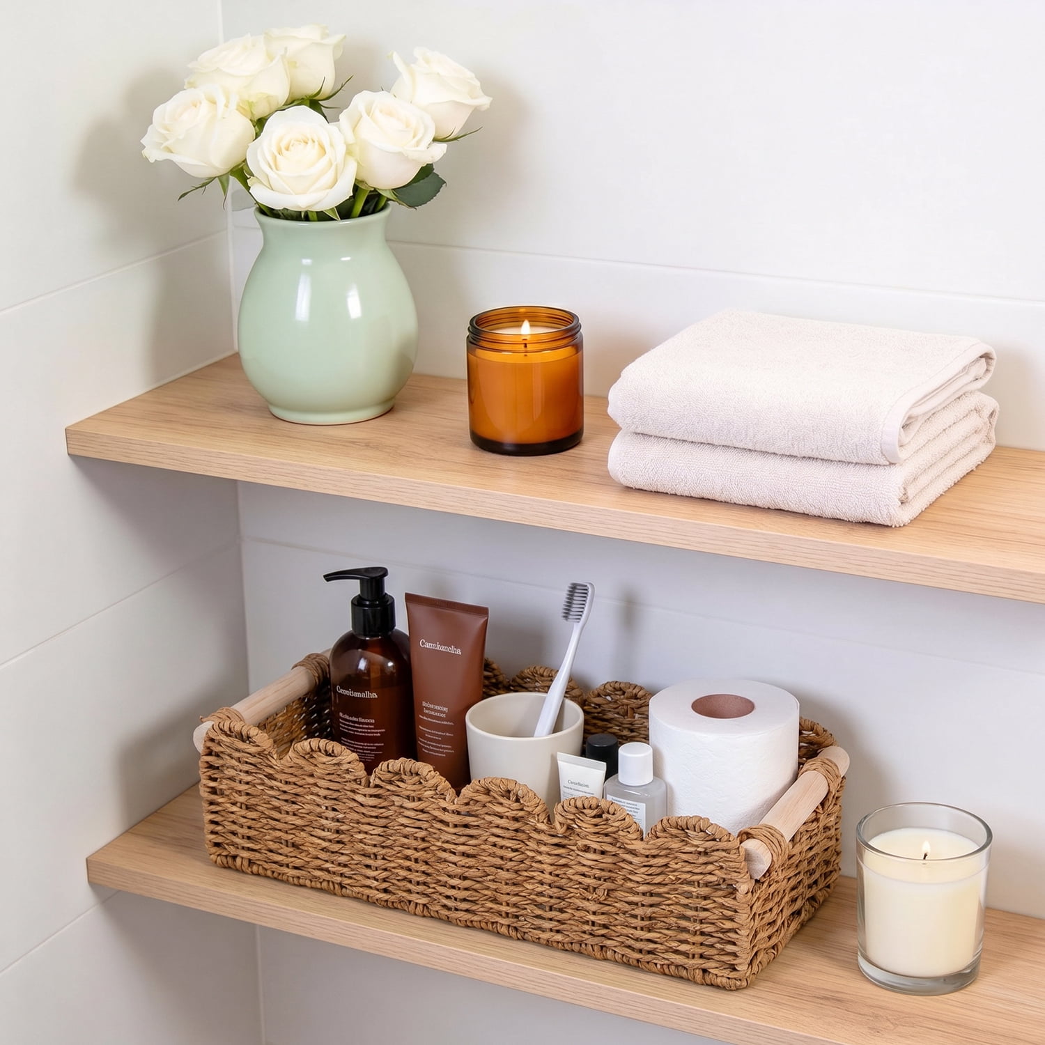 Yucurem Wicker Storage Basket with Wooden Handles, Wicker Toilet Basket for Tank Topper, Hand Woven Rattan Organizer Bin for Bathroom Home