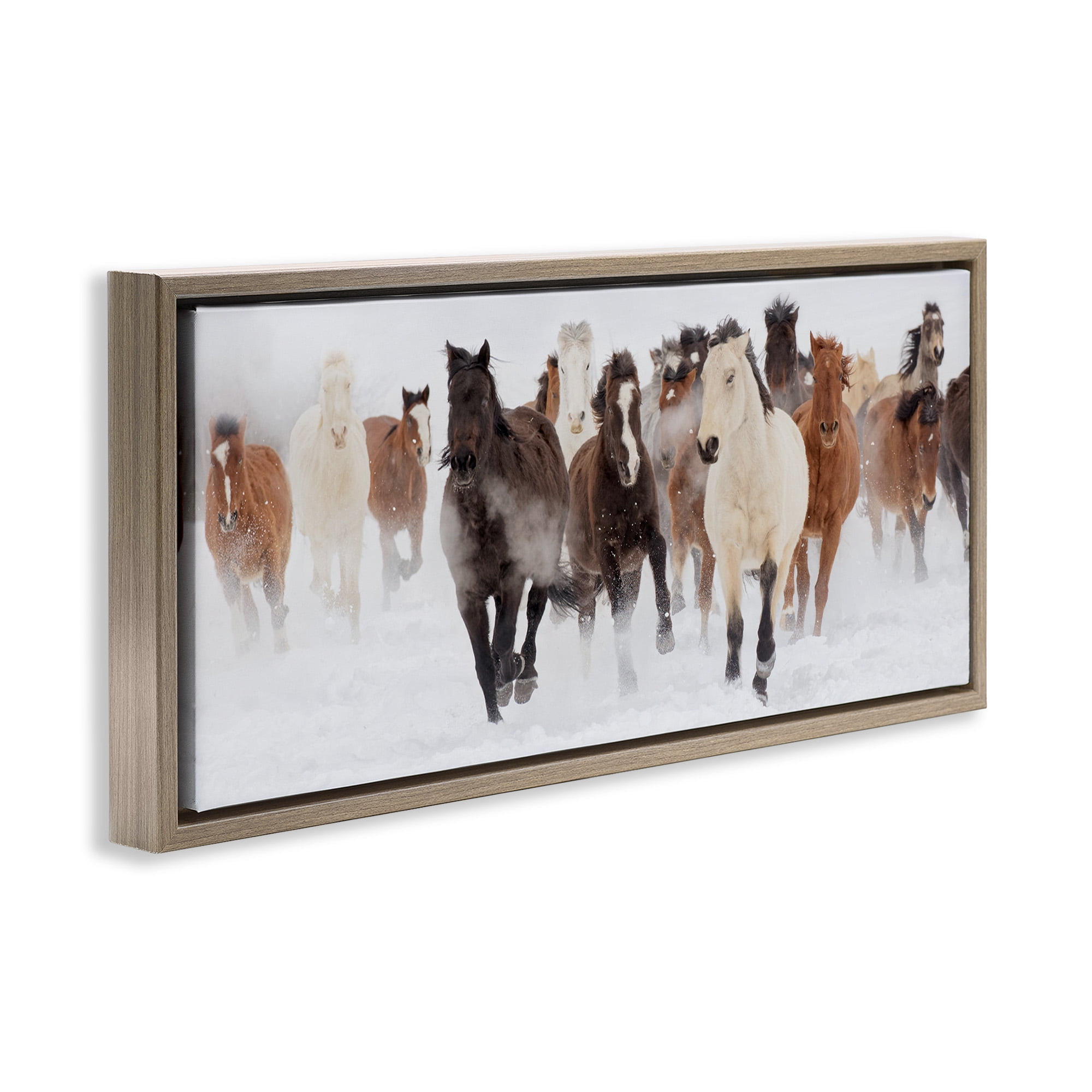 Stupell Industries Wild Horses Herd Foggy Winter Animals & Insects Painting Brown Floater Framed Canvas Art Print Wall Art, 25 x 11