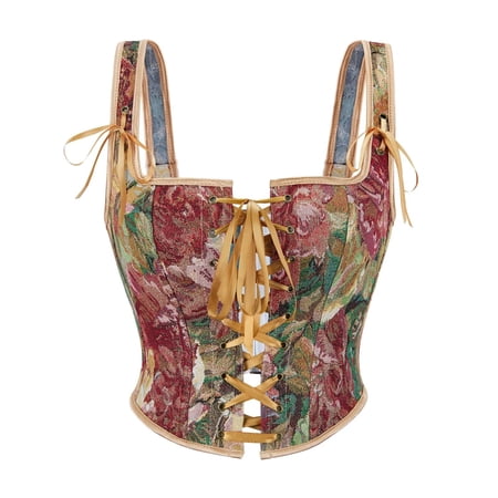 Grebrafan Vintage Brocade Bustier Corset with Strap Plus Size Gold L