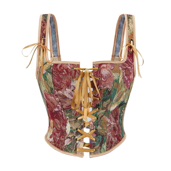 Grebrafan Vintage Brocade Bustier Corset with Strap Plus Size Gold L