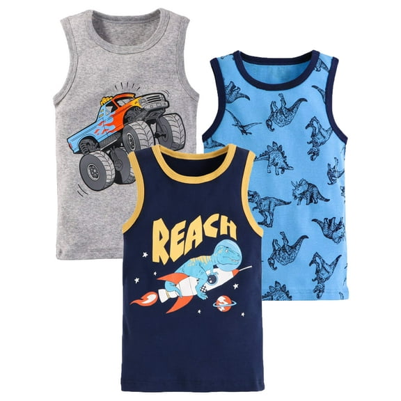 HWJAD Kids Cartoons Shirt Size 1-7 Years Sleeveless T Shirts 3 Pack Toddler Tank Tops 116% Cotton Tees for Little Boys