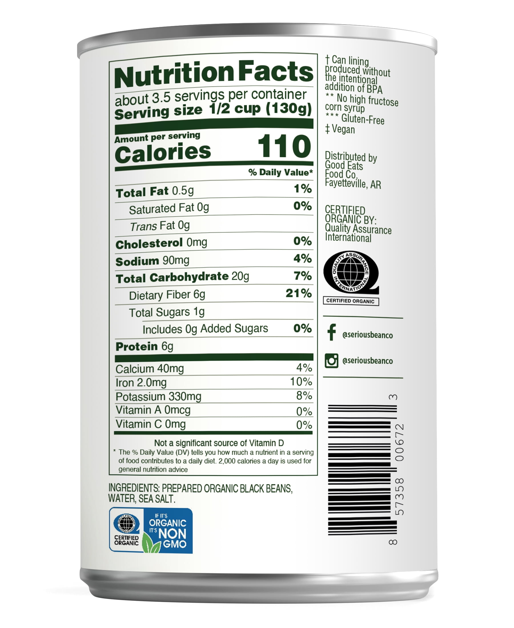 (4 Cans) Serious Bean Co Organic Black Beans, Gluten-Free, 15.25 oz