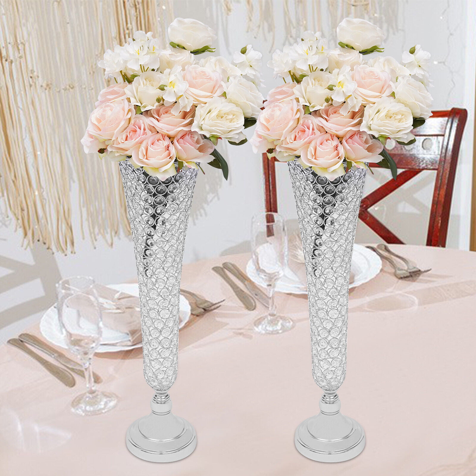 10Pcs Crystal Flower Stand Wedding Centerpieces For Tables 26CM-35CM Tall  Silver