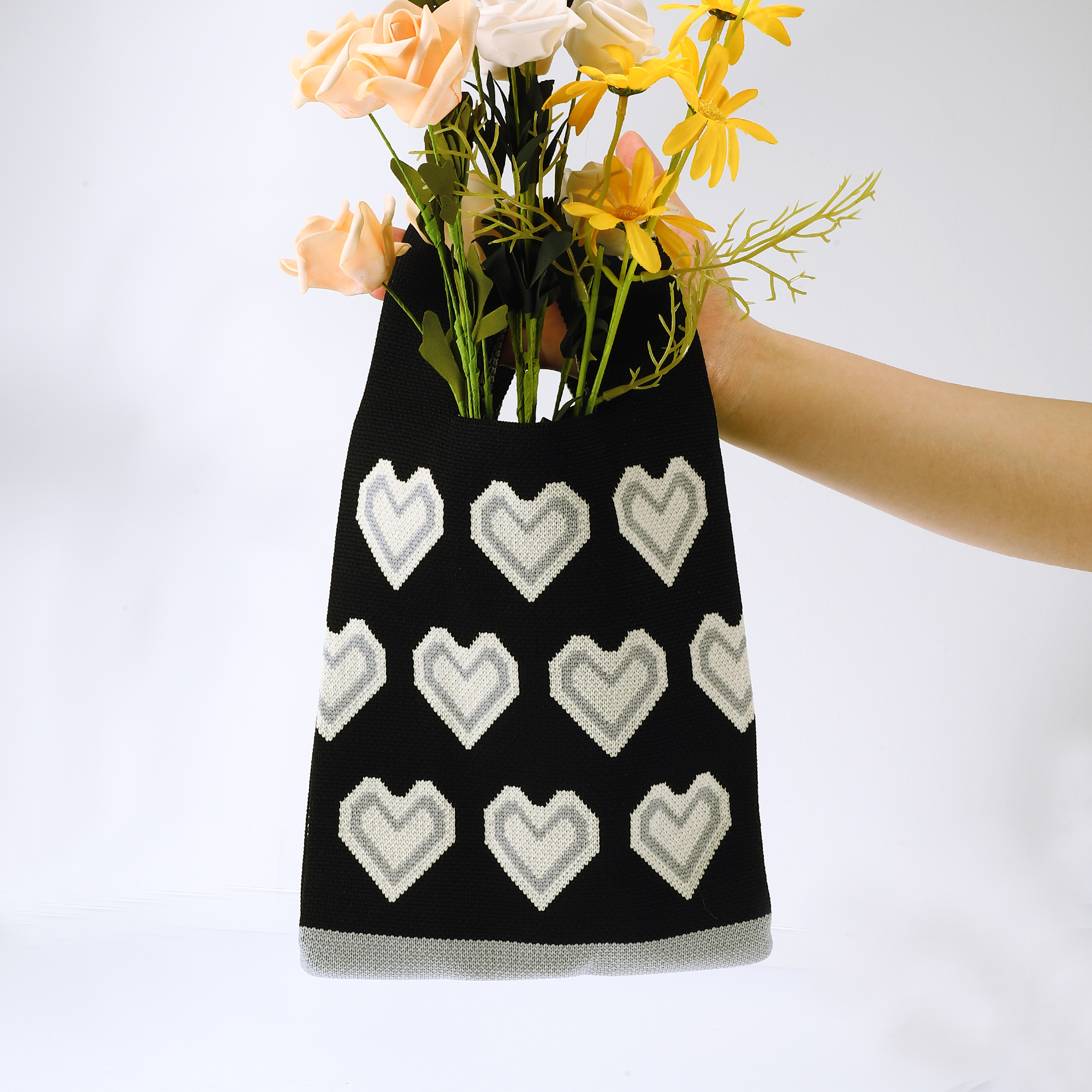 Unique Bargains Reusable Mesh Net Grocery Tote Bags Heart Shape Black Beige 14.17"x7.87"