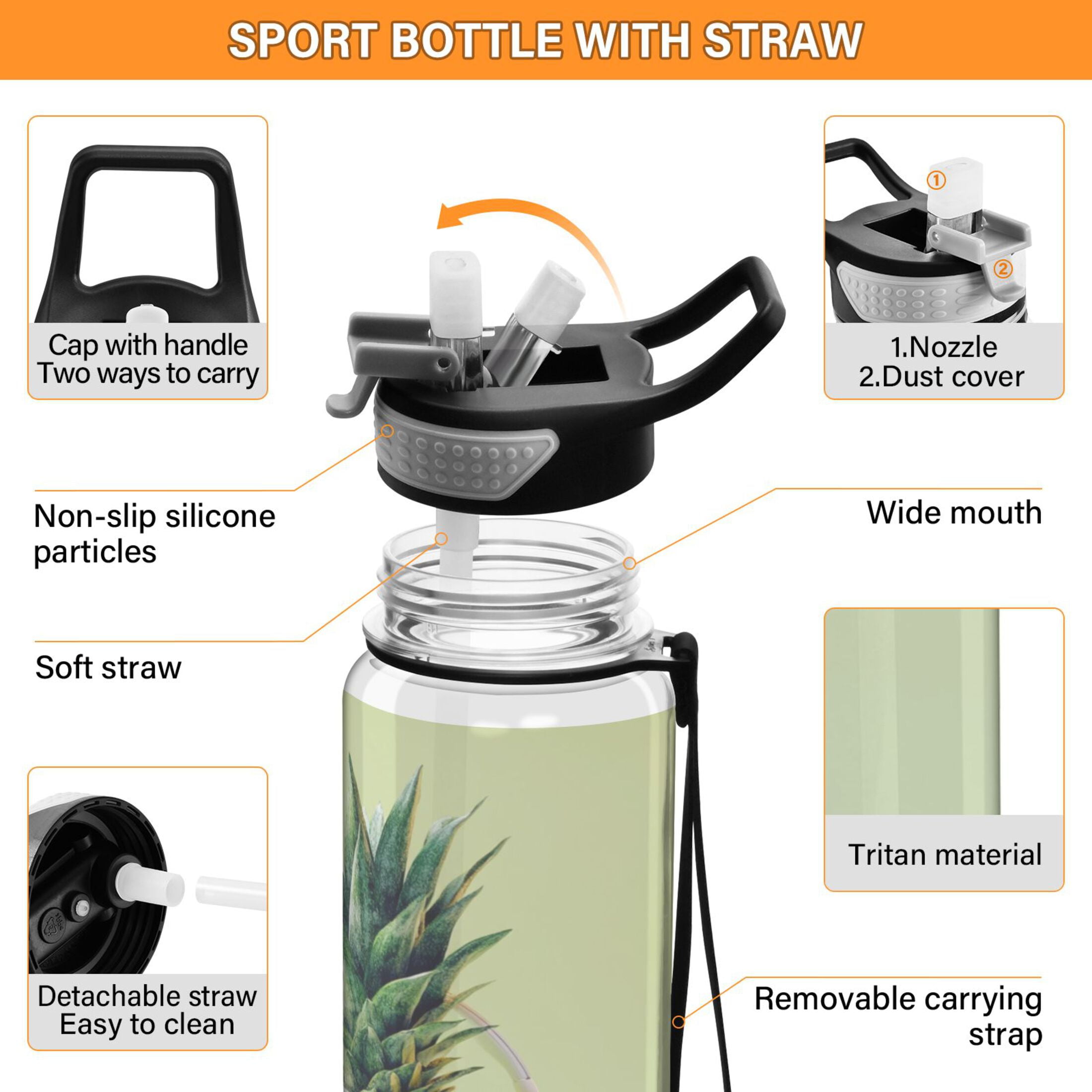 Sports Water Bottle 1000ML Tritan Food Grade Clear Water Bottle Fitness Outdoor Sports Bike Pineapple Glasses