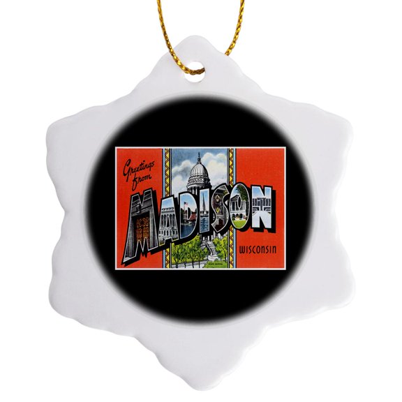 3drose, Greetings from Madison Wisconsin Scenic Postcard Reproduction, 3 inch Snowflake Porcelain Ornament