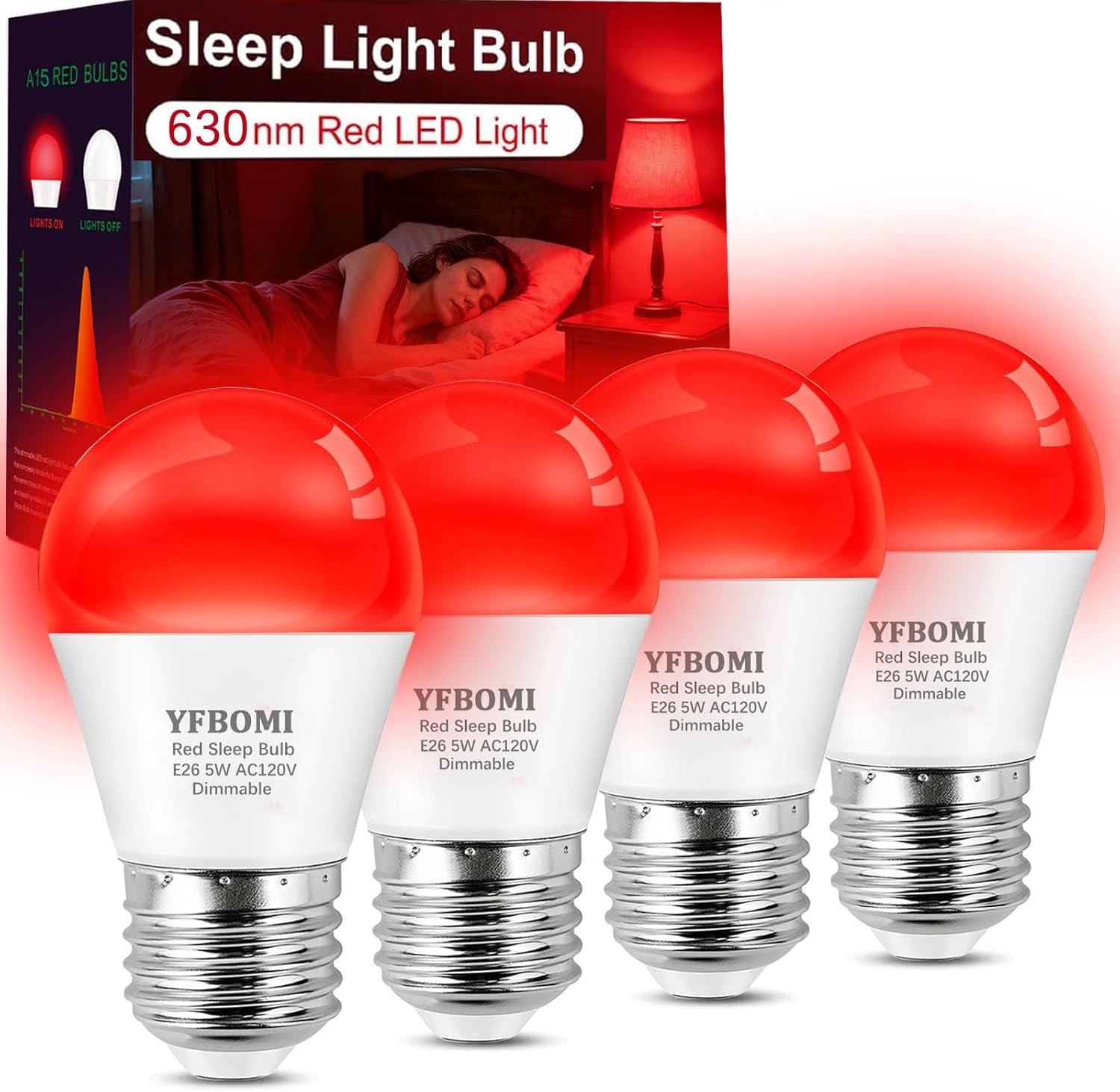 FEFEFW-630nm Red Light Bulbs for Sleep Dimmable, 100% Blue Light Blocking A15 Red LED Dim Bulbs Bedroom Night Light for Party Decoration, Porch, Holiday Lighting etc Home Bulb E26 Base 5W 4Pack