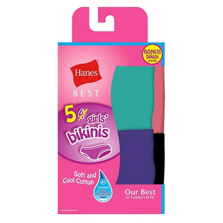 Hanes Girls Underwear, 4 + 1 Free Bonus Pack Best Girls Cotton Stretch Bikini Panties (Little Girls & Big