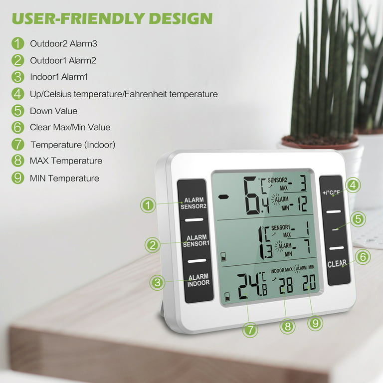 ORIA Thermomètre pour réfrigérateur numérique, thermomètre  intérieur/extérieur du congélateur avec 2 capteurs sans fil et alarme  audio, thermomètres
