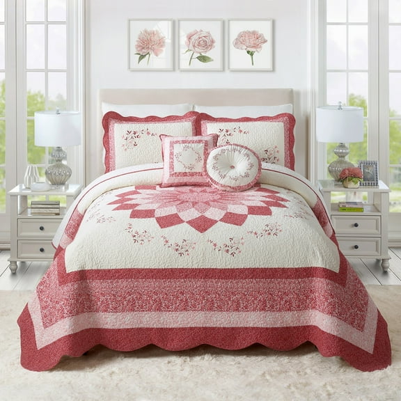 Modern Heirloom Caroline Red Floral Embroidered and Pieced Single Bedspread, Queen Size