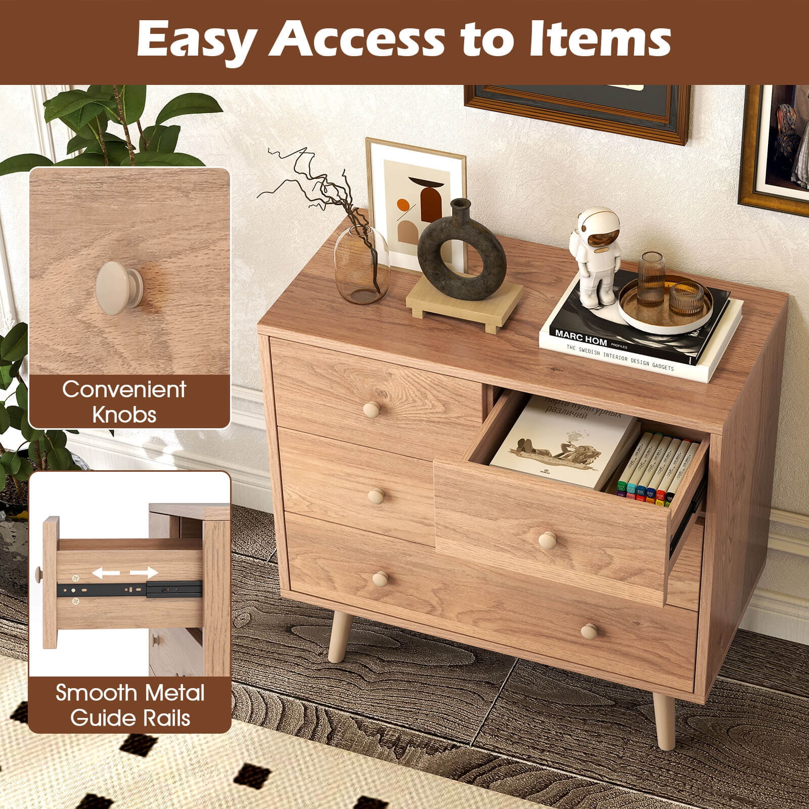 Costway 4 Drawer Dresser for Bedroom Wide Chest of Drawers with Metal Guide Rails Natural