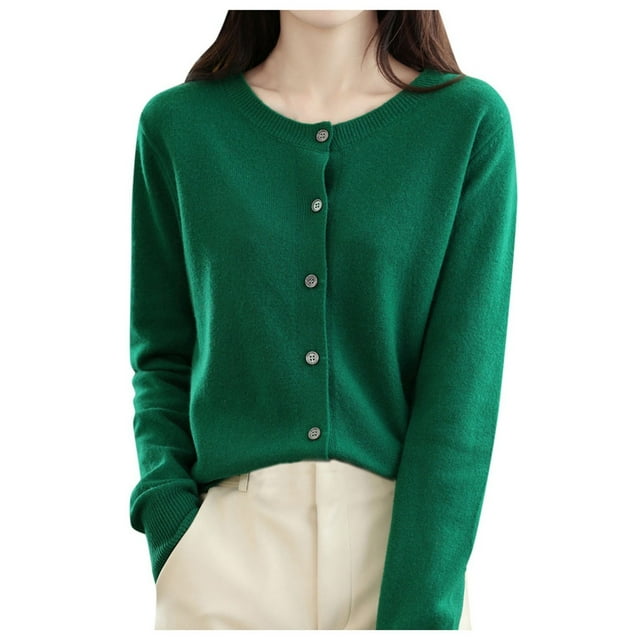 Cardigan en Tricot pour Femmes à Col Rond, Manches Longues, Couleur Unie, Veste pour l'Automne et le Printemps