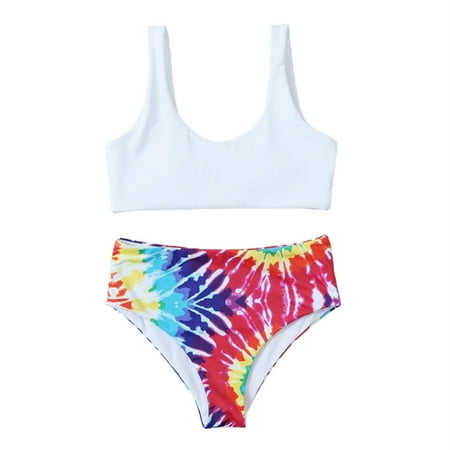 Toimothcn Girl s Bathing Suit Sleeveless Casual Tie Dye Printed 2 Piece Bikini Set Quickly Dry Cover Up Swimwear 10-11 Years