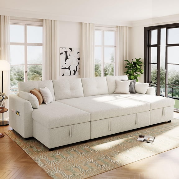 Modern U-Shaped Sectional Sofa Bed with Storage, USB Ports, Teddy Fabric Upholstery, Curved Armrests, Dual Chaise Lounges, 107" Beige Sleeper Couch for Living Room