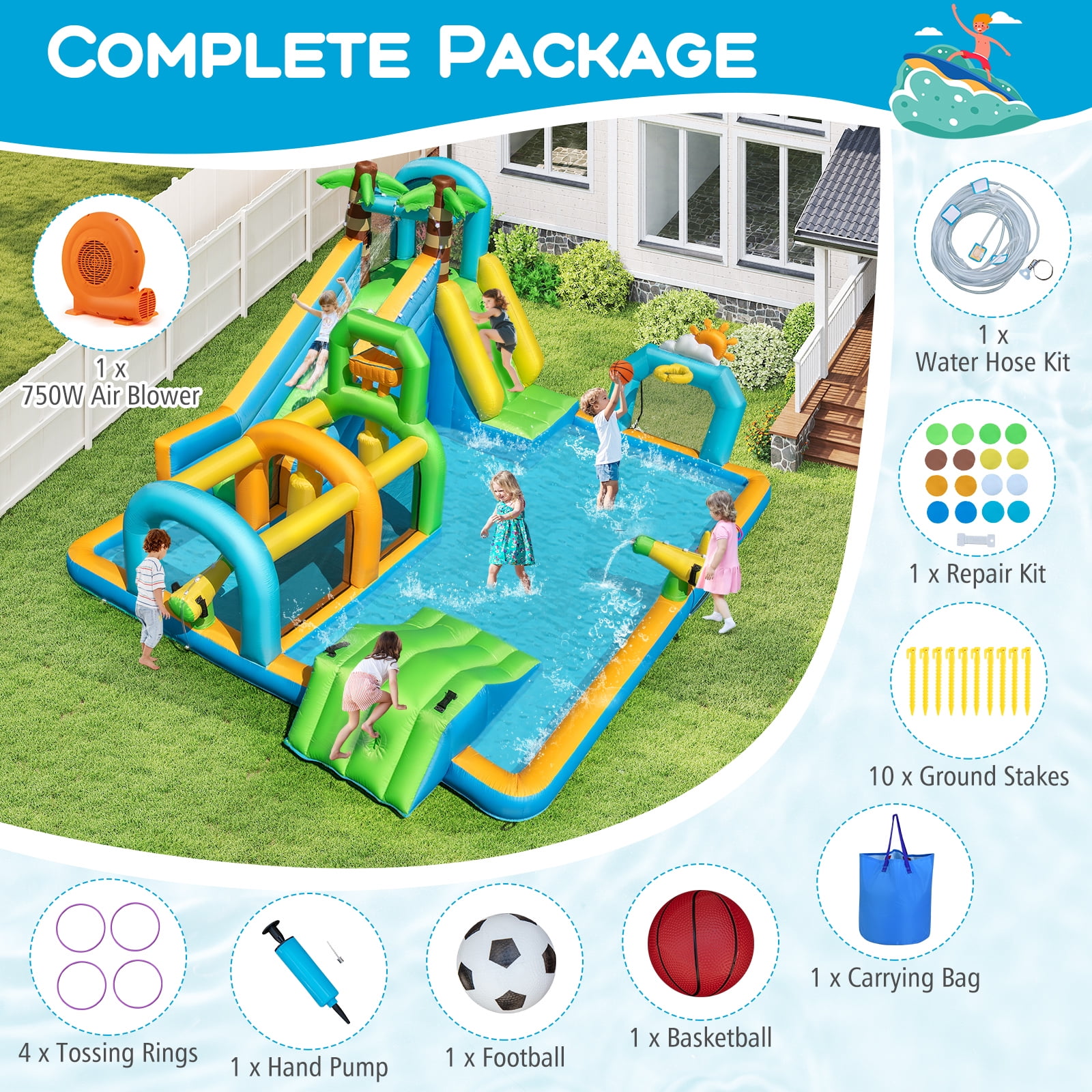 Gymax Inflatable Water Slide w/Splash Pool Climbing Wall Football Goal 750W Blower