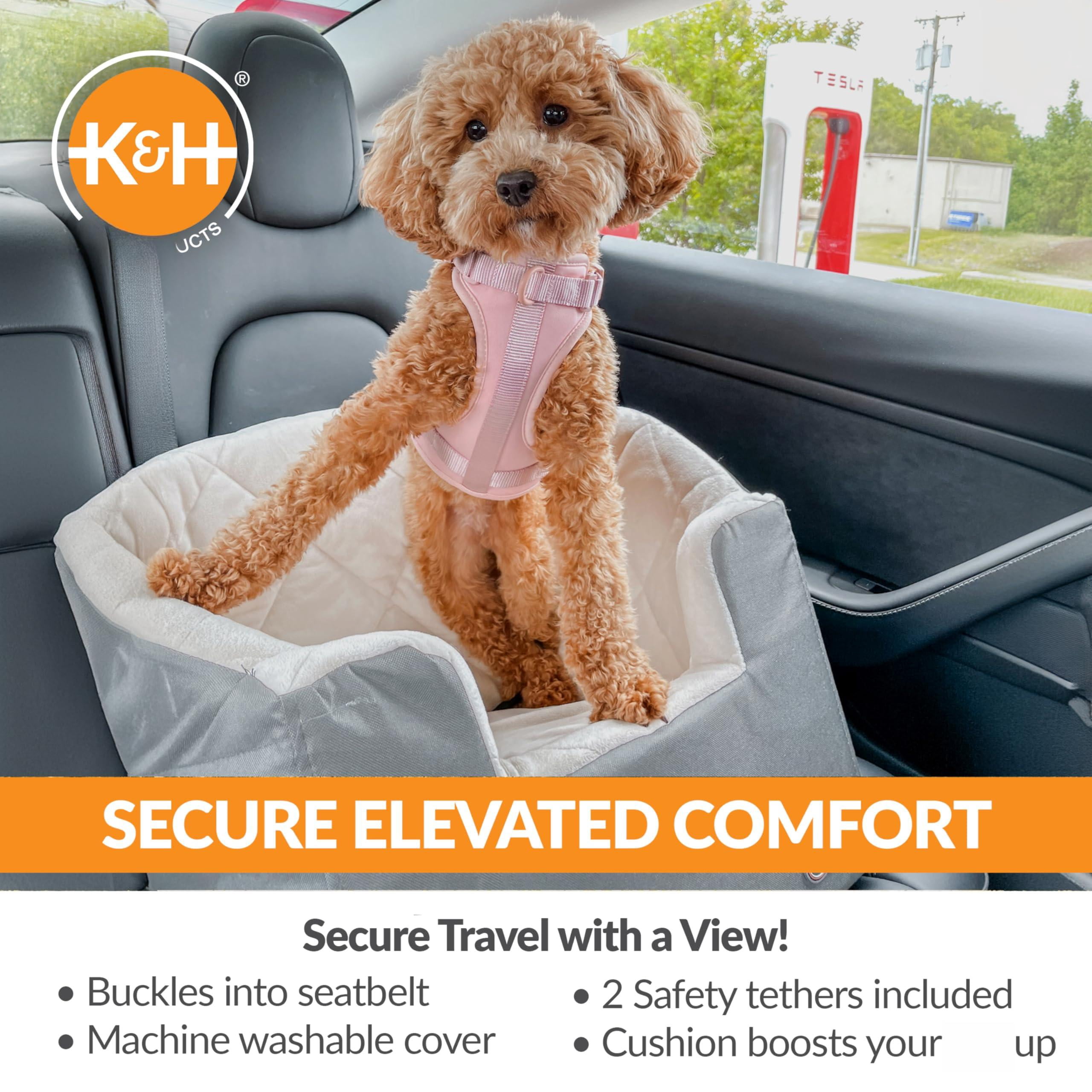 Bucket Booster Dog Car Seat  Belt Secured 2 Safety Leashes Washable Covers Sturdy Seats For Cats & Dogs - Small Gray/cream