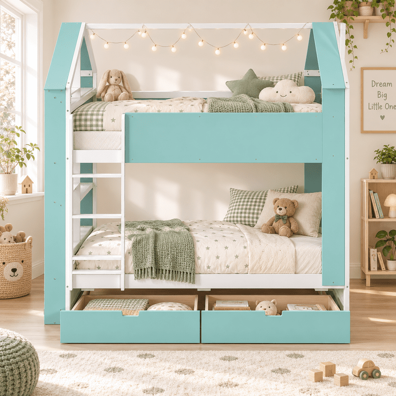 Full Over Full Bunk Bed with Storage Drawers and Shelves, Modern Two-Tone Wood Bunk Bed with LED Light Strip, Safety Guardrails and Ladder, Space-Saving Bed Frame for Kids, Teens