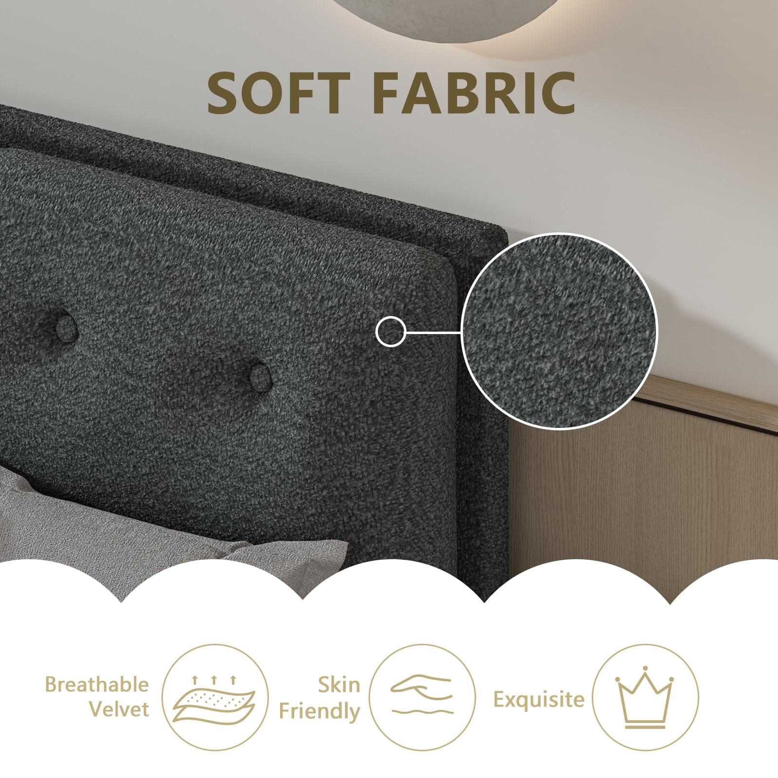 4 EVER WINNER Twin Bed Frame, Twin Size Bed Frame with Headboard, Boucle Bed Frame with Removable Pillow Upholstery, No Box Spring Required, Easy Assembly, Dark Grey
