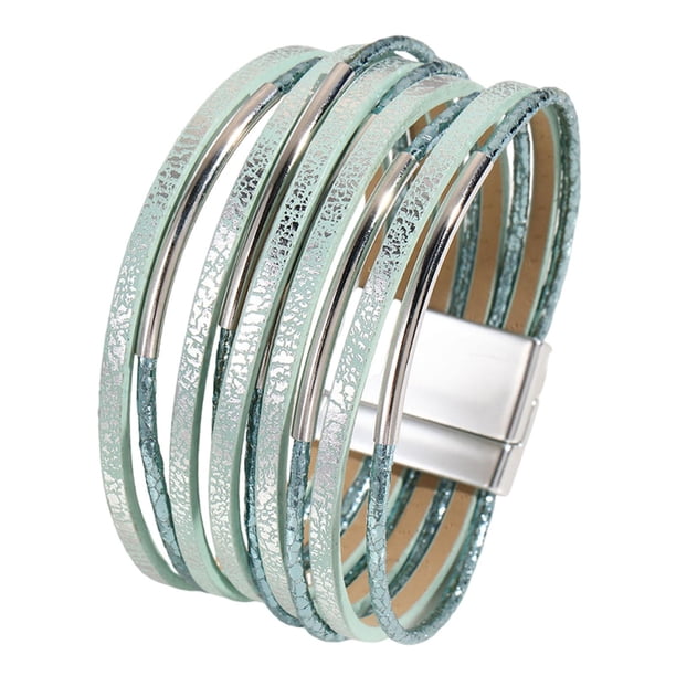 Pulsera rígida para mujer de cuero sintético PU, duradera, versátil, fácil de usar, multicapa. Azul menta