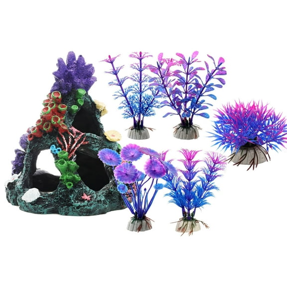 MRSXXNTY Aquarium Colorful Coral Reef Set Fish Tank Decoration Mountain Ornament for Aquarium Environments Decor Accessories, Coral Mountain x 1, Aquatic Plant x 5
