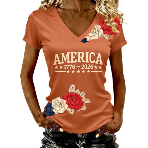 MEICHEN Cotton 250th Anniversary Short Sleeve V Neck T Shirt Summer Print Patriotic Graphic Tee Top Casual America 1776-2026 Blouse