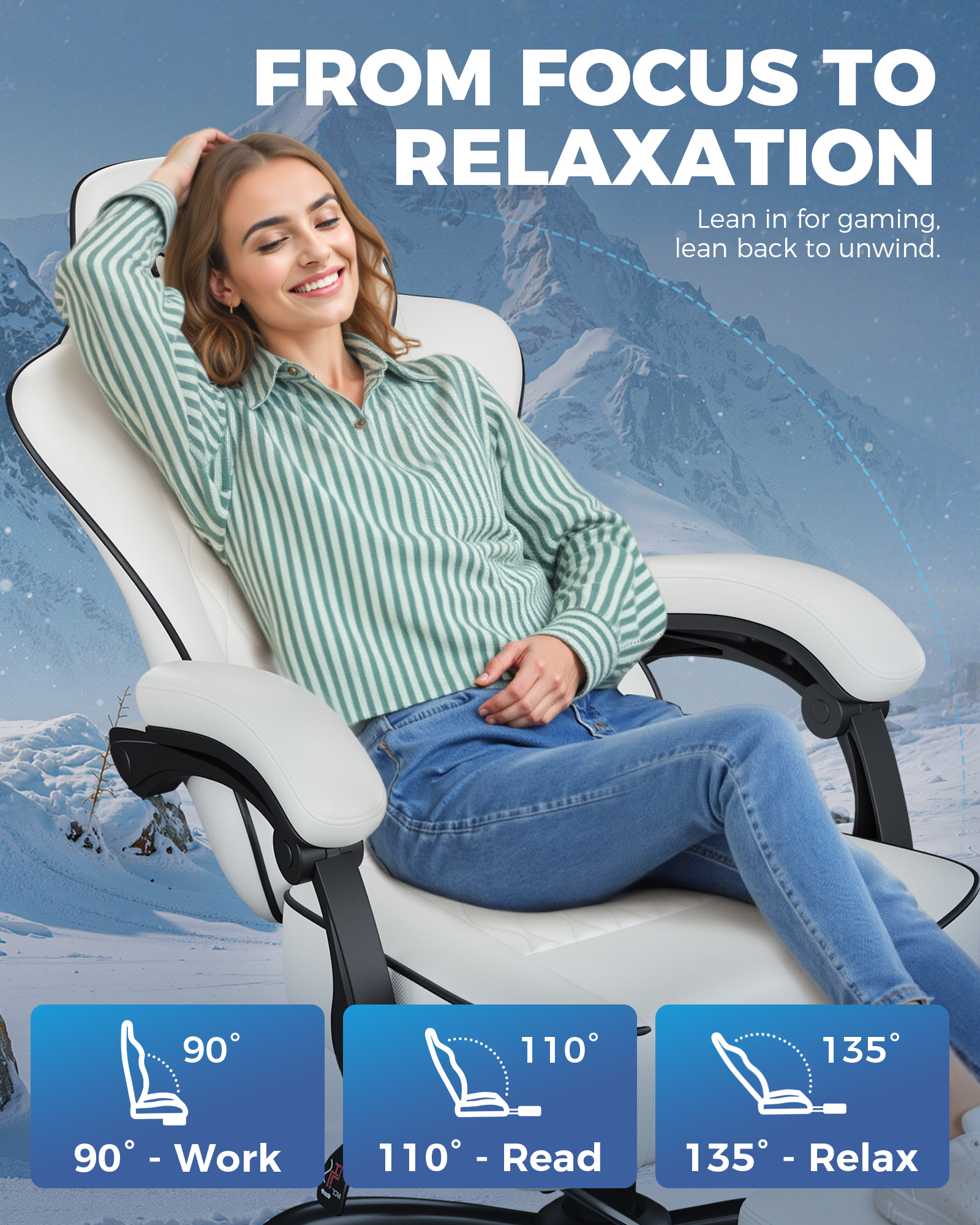 GTPLAYER Ergonomic Gaming Chair with Footrest and Lumbar Support, White