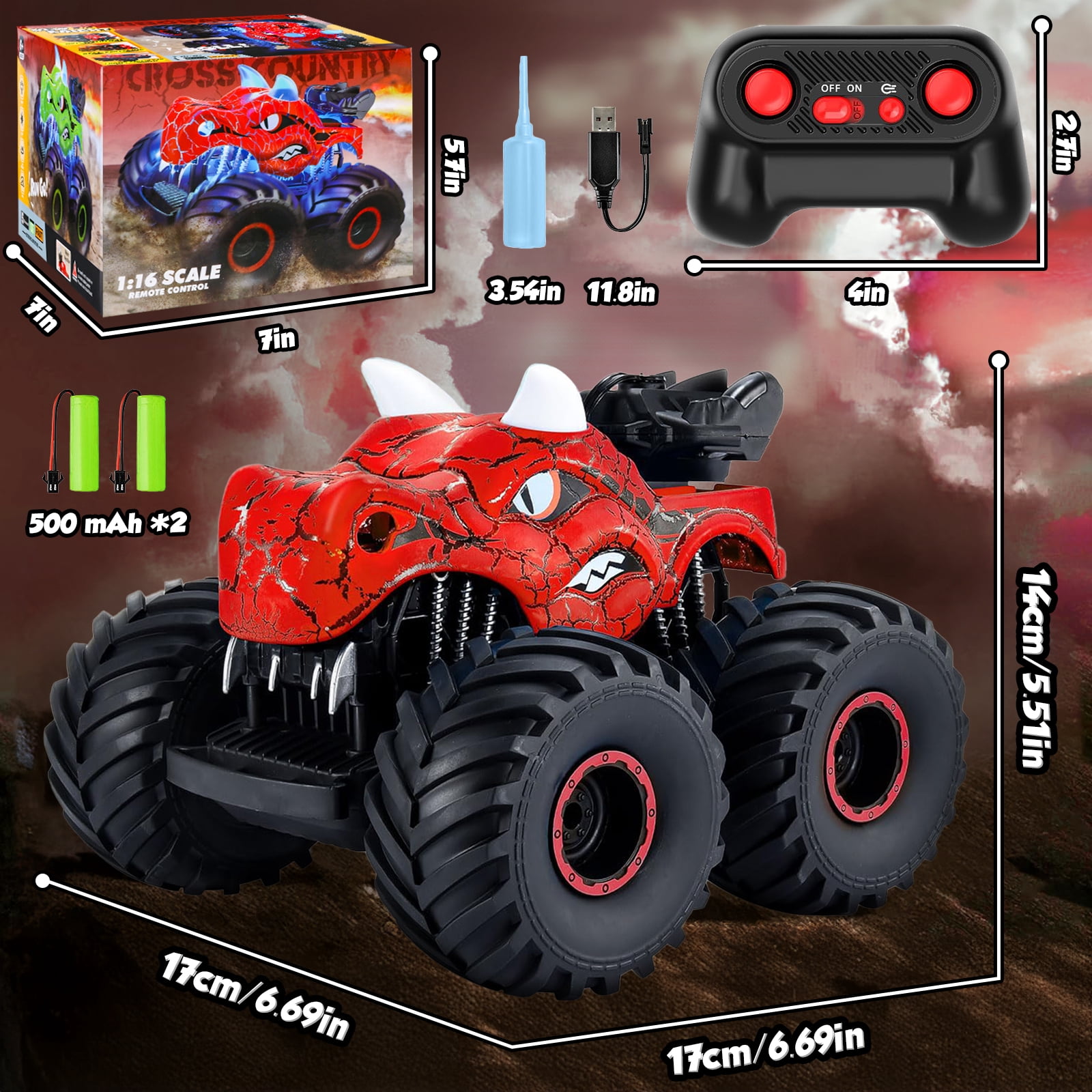 Huge Wave Remote Control Dinosaur Car, 2.4GHz RC Monster Trucks for Boys with Spray, Light & Sound, All Terrain RC Cars with 2 Batteries,Birthday Gifts Dinosaur Toys for Boys 3-6 Years,Red