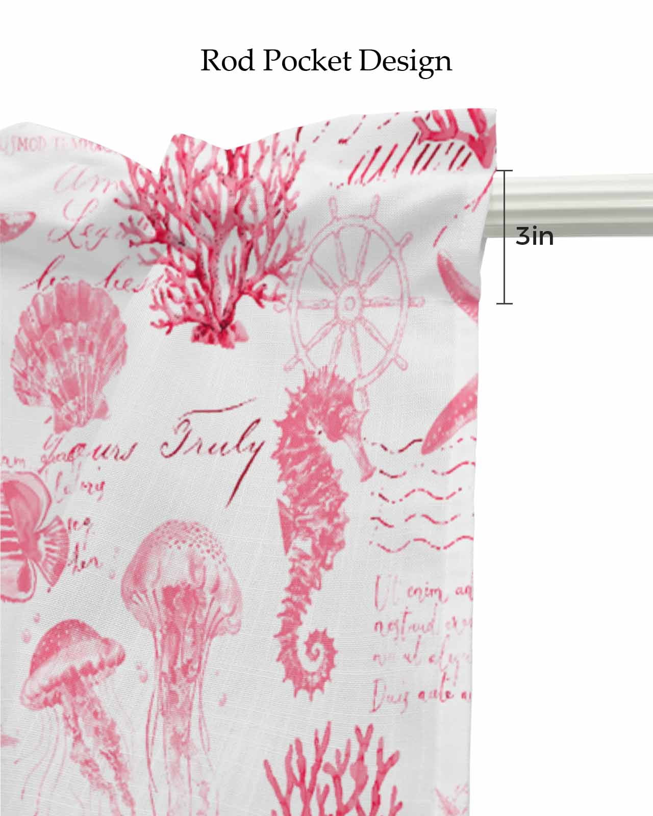 Pink Ocean Coastal Kitchen Valances for Windows Farmhouse Linen Window Valance Curtain for Living Room Window Treatment Nautical Starfish Jellyfish Coral Valance Rod Pocket Topper Drape, 42 x 18 Inch
