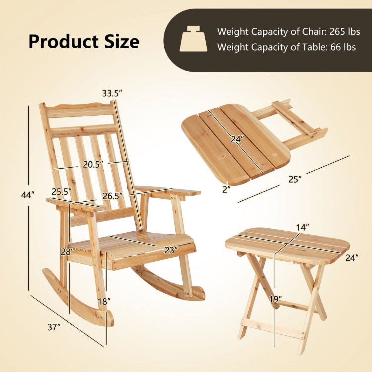 Aimee Lii Outdoor Rocking Chair with folding Table, Patio Wooden Rocker Chair for Lawn, Porch, Backyard, Indoor and Garden, Natural