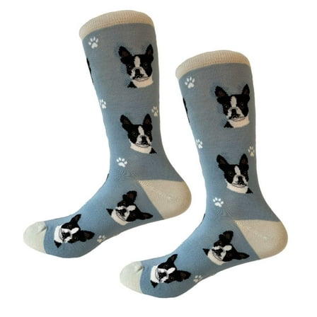 Boston Terrier Socks . - One Pair Of Socks 14.0 Inch, Cotton - Unisex  Soft Premium 80076Blue