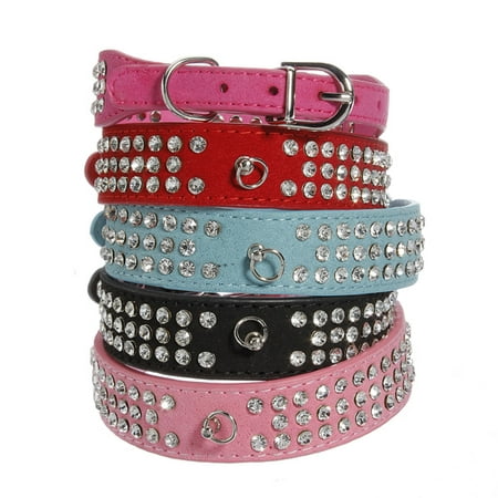 Suede Leather Dog Collar Diamante 3 Rows Crystal Rhinestone Pet Size XS S M
