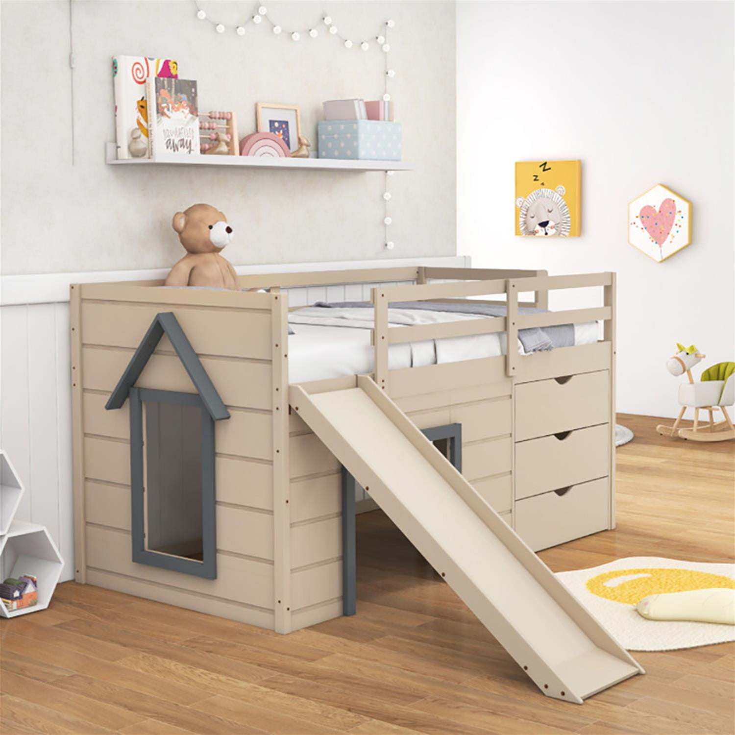 Demi Bonn 3-In-1 Twin Loft Bed with Slide Ladder Drawers Teens, Solid Wood Loft Bed with Ladder and Full-length Guardrails, Beige