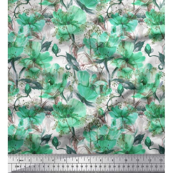 Soimoi Polyester Crepe Fabric Flower & Leaves Watercolor Printed Craft Fabric by The Yard 42 Inch Wide