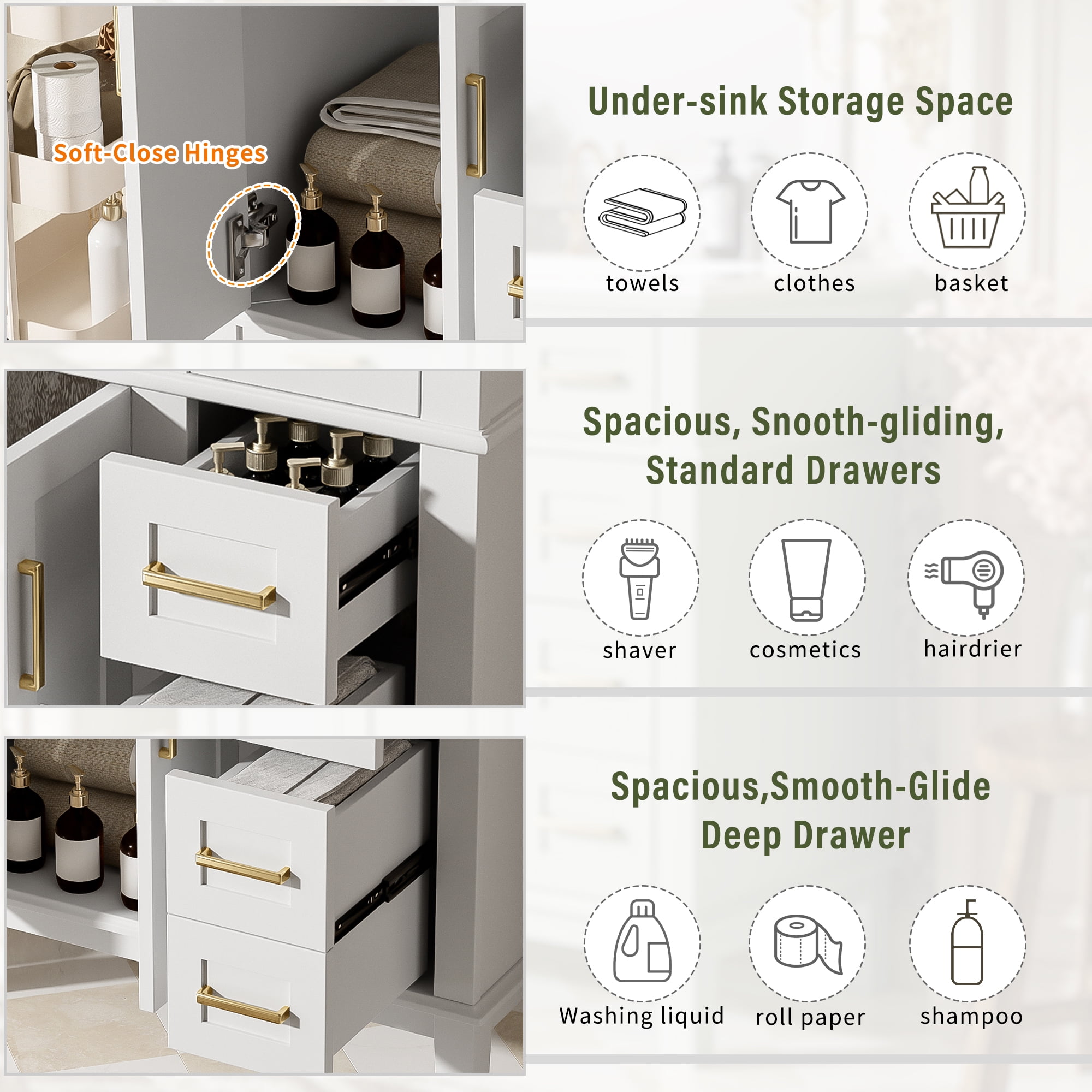 Euroco 30" Bathroom Vanity with Ceramic Sink, Deep & Standard Drawers, Stylish Bath Vanity for Small Bathrooms