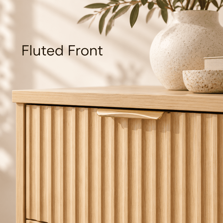 Lacoo 6 Drawer Dresser, 47'' Wide Fluted Dresser with Gold-Tone Handles, Wood Storage Chest with Smooth Glides, Modern Low Dresser for Bedroom, Living Room, Natural