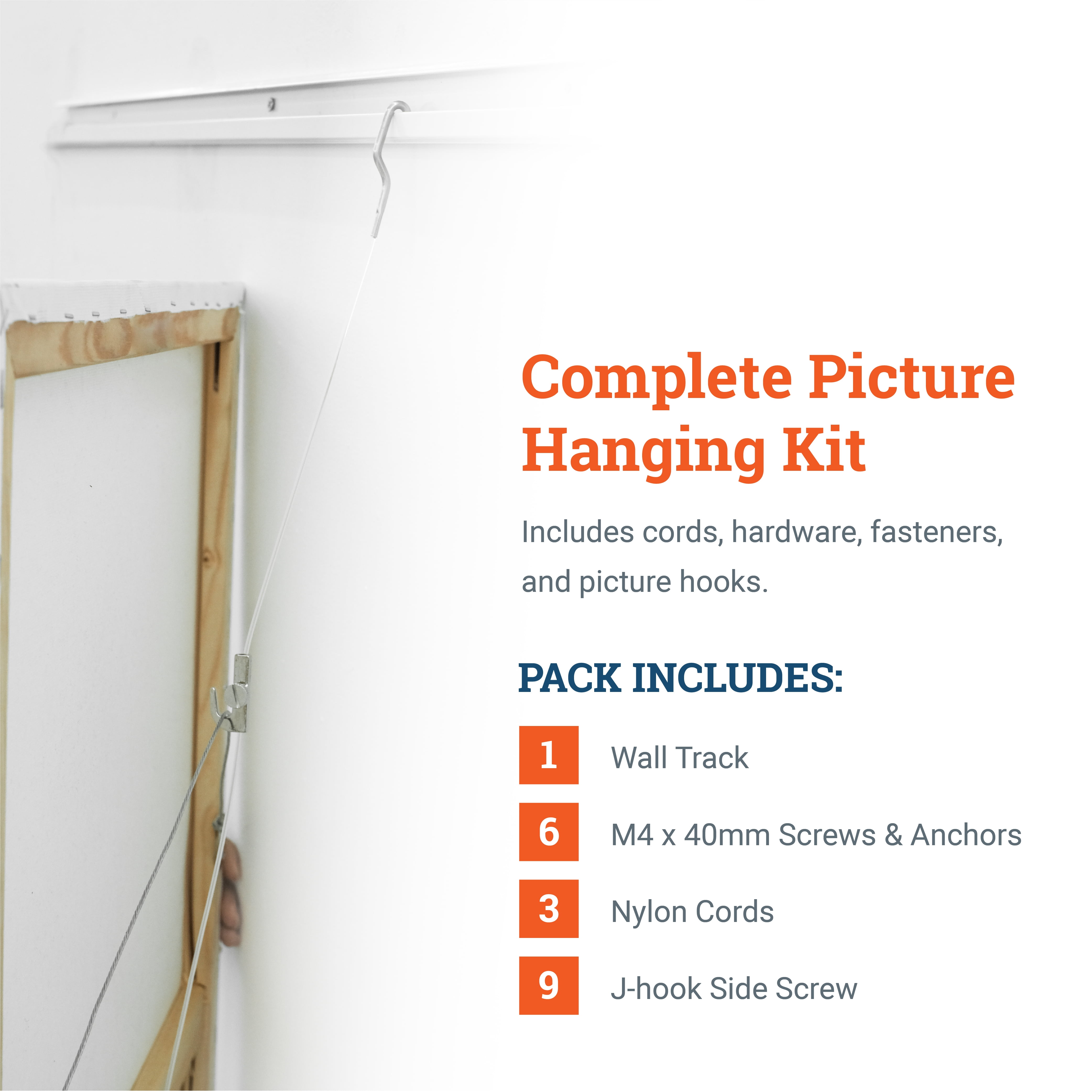Picture Hang Solutions - Track 101 Picture Rail Kit - Includes 79-inch Wall Track, Nylon Cords, Adjustable Hooks, and Hardware - Gallery Hanging Systems (1 set per pack)