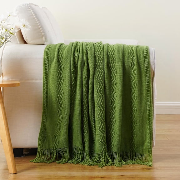 Green Throw Blankets,Lightweight Textured Knit Blanket with Tassels,Spring Throws,50"x60"