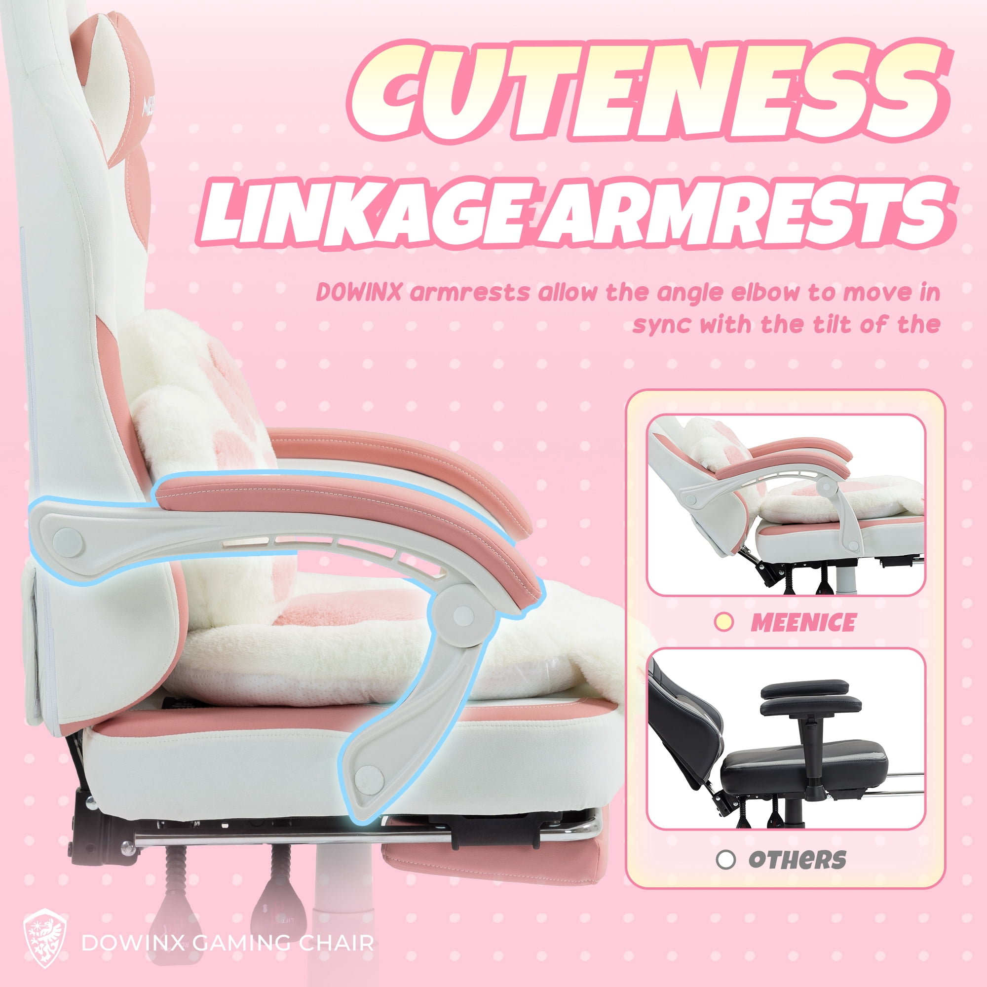 KARXAS Adult Cute Cat Ear Paw Print Reclining Fabric PC Gaming Chair with Footrest and Lumbar Support, Pink/White