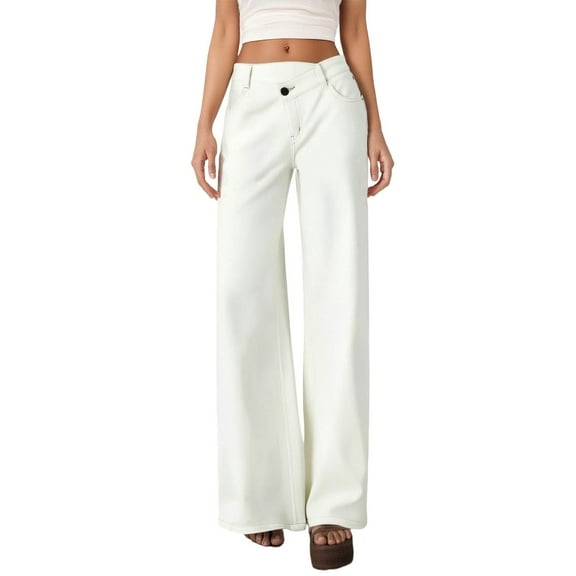 VNKIDY Women Jeans Casual Denim Asymmetrical Button Trousers High Waisted Loose Fit Straight Jeans For Outdoor Wear Fashionable Trousers