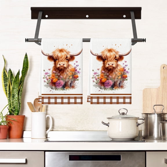 Highland Cow Kitchen Towel, Absorbent Highland Cow Dish Towel, Watercolor Sunflower Tea Hand Dishcloth, For Farmhouse Bathroom, Housewarming Gift, 16" x 24"
