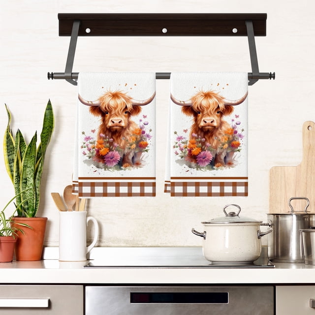 ddioayh Farmhouse Style Absorbent Kitchen Towel with Upland Cow Floral Design for Dish Drying Hand Towel Bathroom Decorative Towel Housewarming Gift Multiple Styles
