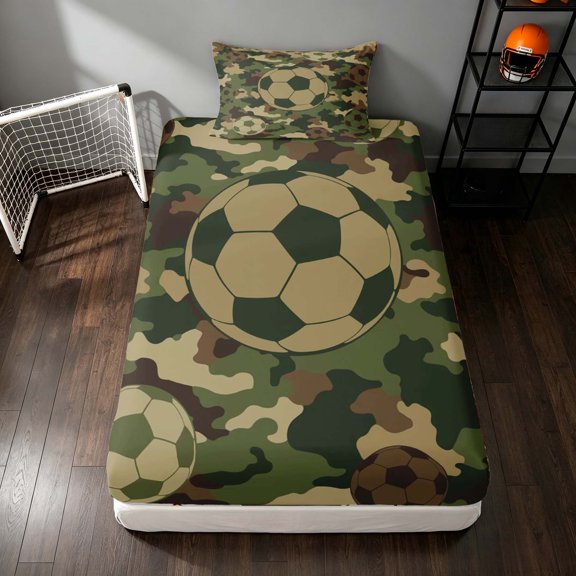 Manfei Cartoon Sports Twin Fitted Sheet, Camo Soccer Bedding, Camo Green Beige Brown 2 Pieces, 1 Fitted Sheet and 1 Pillowcase