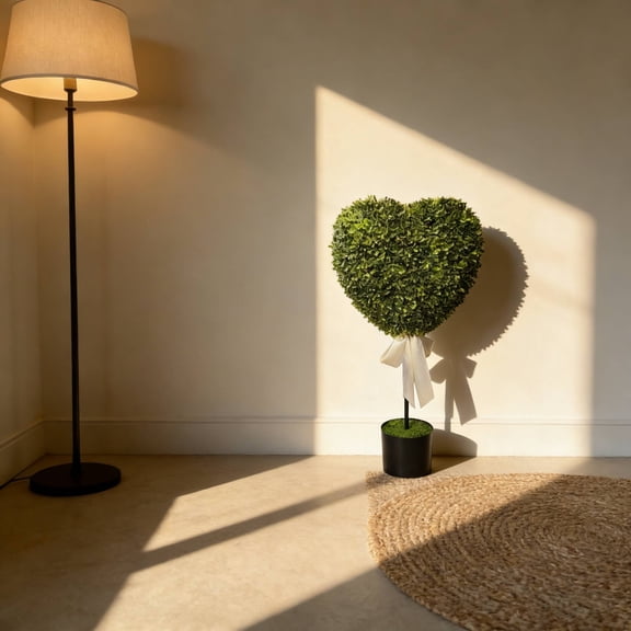 32 Inch Boxwood Heart Topiary with White Bow, Valentine’s Day Decor