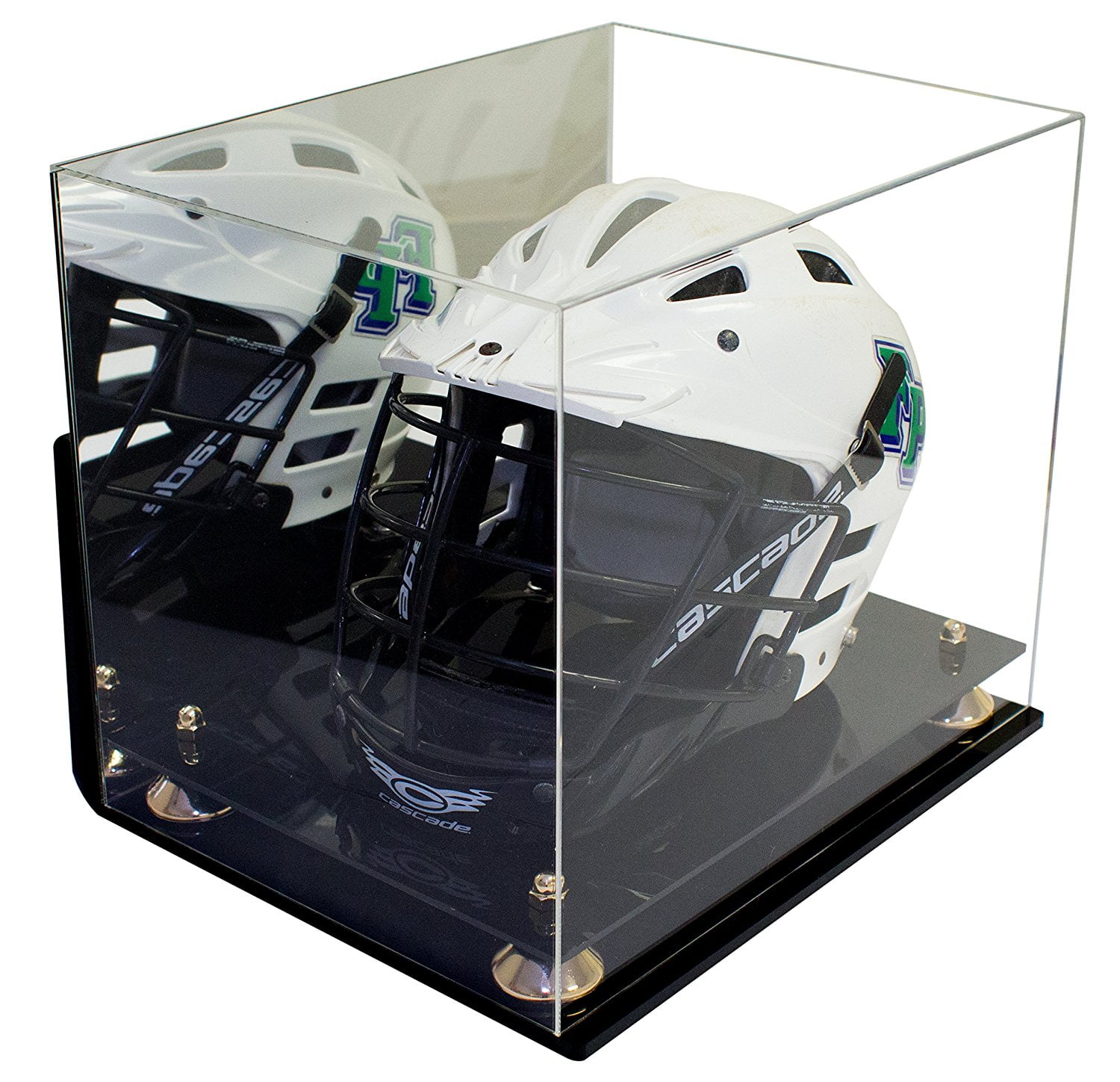 Deluxe Acrylic Lacrosse Helmet Display Case with Gold Risers Mirror and Wall Mount (A002GR